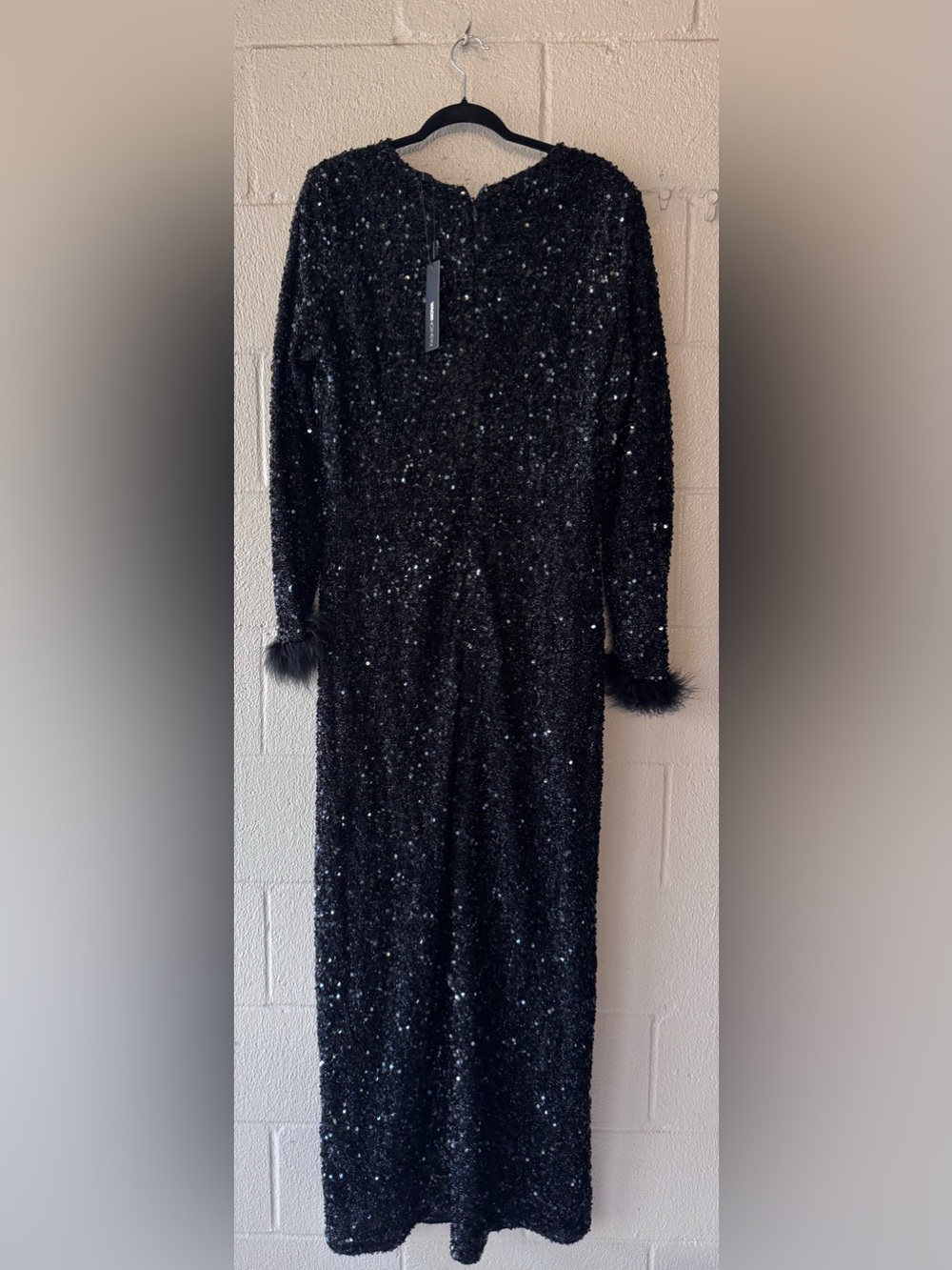 Fashion Nova Black Sequin Long-Sleeve Dress with Feather Cuffs